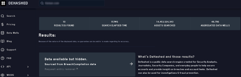 Dehashed 3rd party breach search results for data breaches.