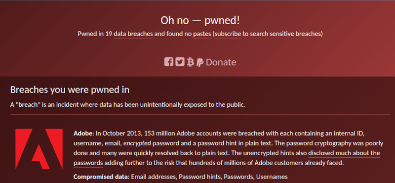 Have I Been Pwned search results showing that a particular email address has been found in a data breach.