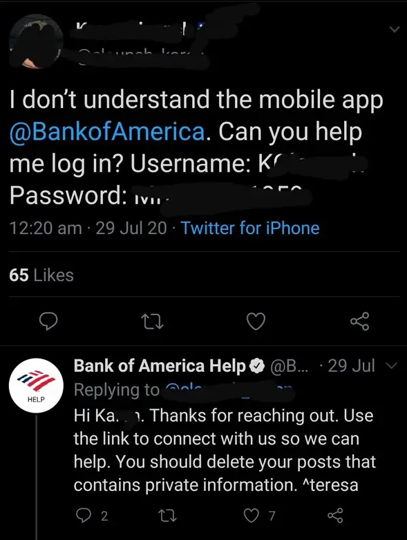 Twitter post containing a banking customer’s password