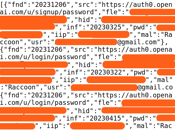 API JSON output showing results of a company's data leakage