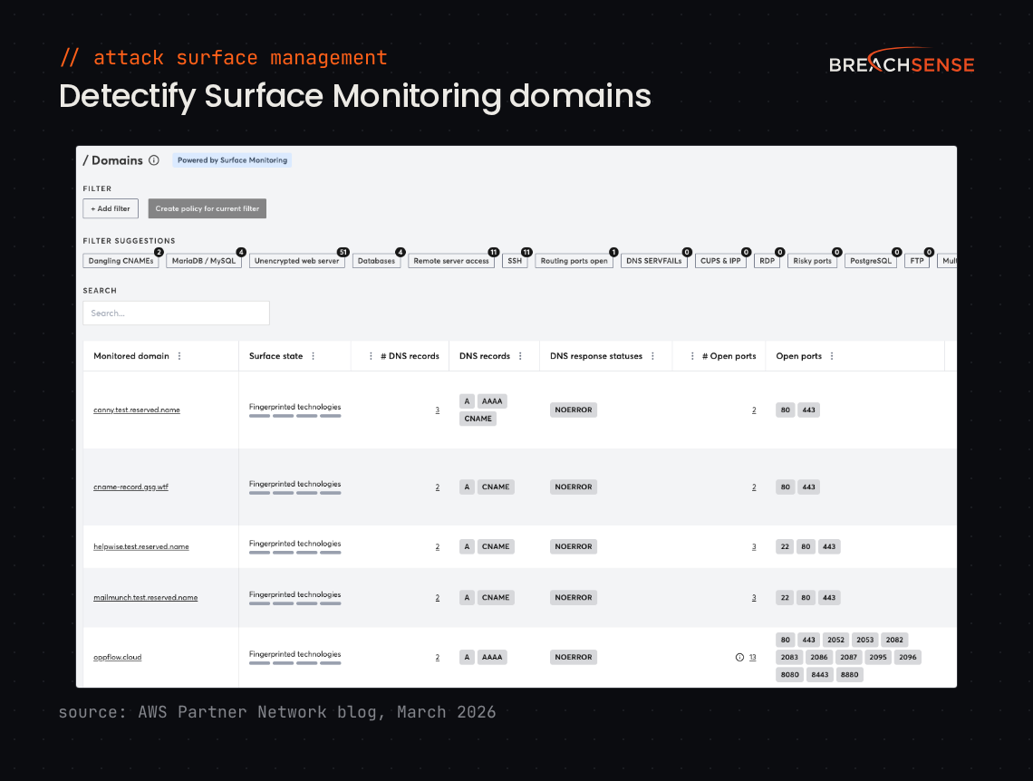 Detectify Surface Monitoring list of monitored domains with DNS records, DNS response statuses and open ports, plus filter suggestions such as dangling CNAMEs and remote server access. Source: AWS Partner Network blog, March 2026.