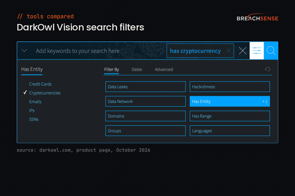 DarkOwl Vision search with filters for data leaks, domains and entities such as credit cards and cryptocurrencies. Source: darkowl.com, October 2026.