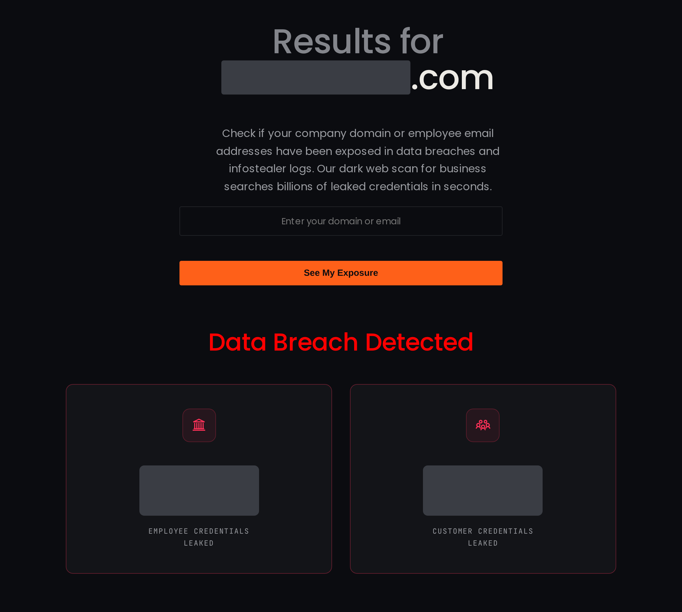 The Breachsense dark web scan results page, with the domain and the counts of leaked employee and customer credentials redacted. Source: breachsense.com, October 2026.