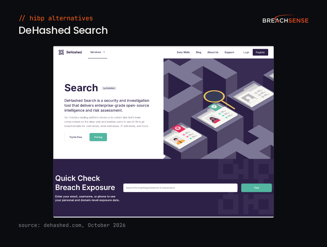 DeHashed Search page with a Quick Check Breach Exposure search box for an email address, username or phone number.