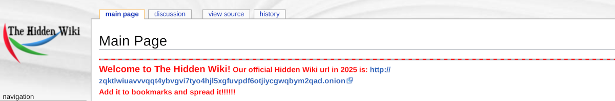 The Hidden Wiki dark web directory interface