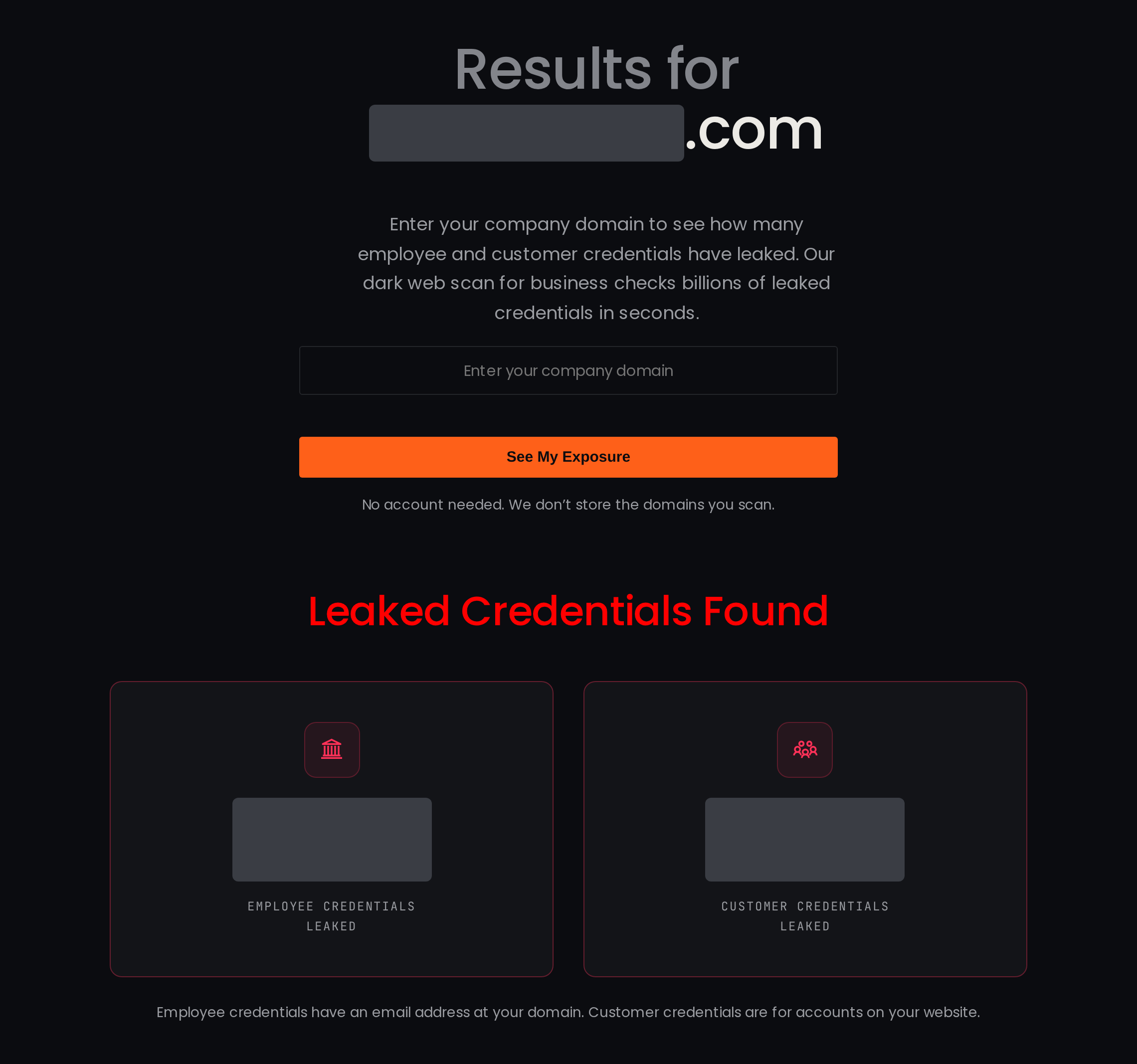 The Breachsense free dark web scan page, with the domain entry form and a results view where the domain and the counts of leaked employee and customer credentials are redacted.