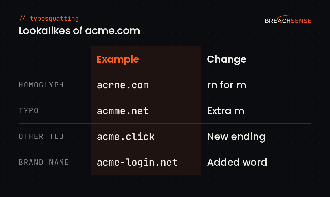 Table of the four lookalike domain types for acme.com: a homoglyph (acrne.com), a typo variant (acmme.net), another TLD (acme.click) and a brand-name domain (acme-login.net).