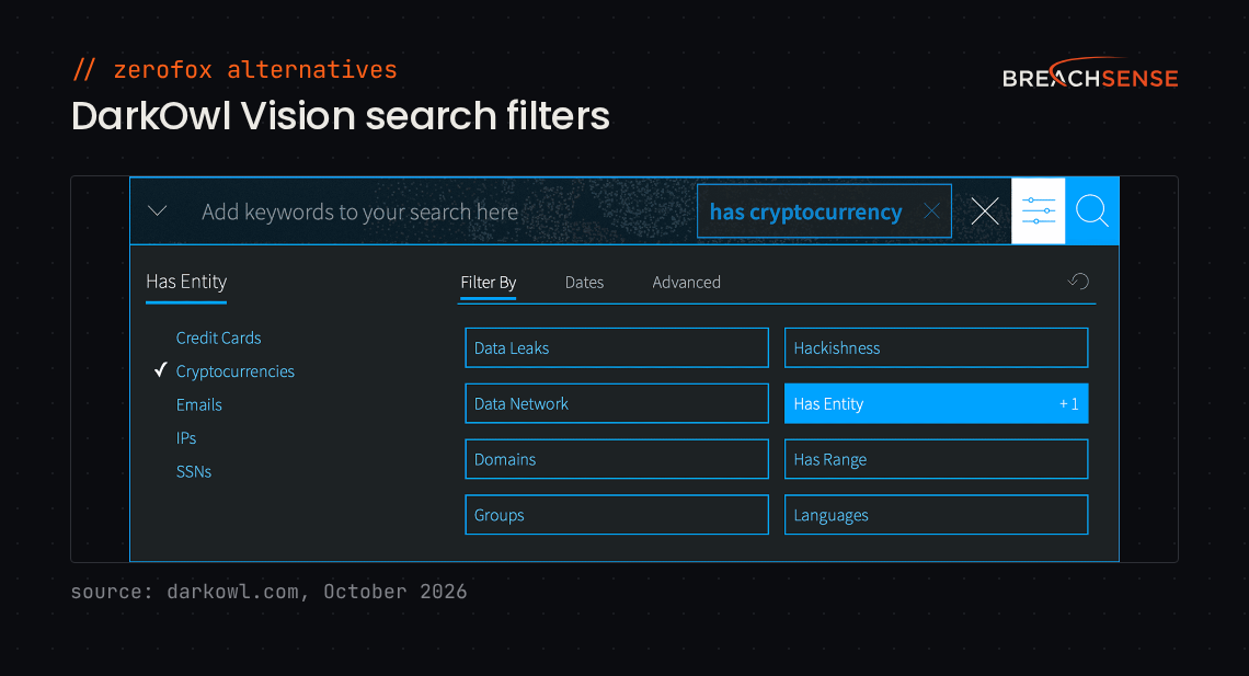 DarkOwl Vision search bar and filter panel, with entity filters for credit cards, cryptocurrencies, emails, IP addresses and Social Security numbers. Source: darkowl.com, October 2026.