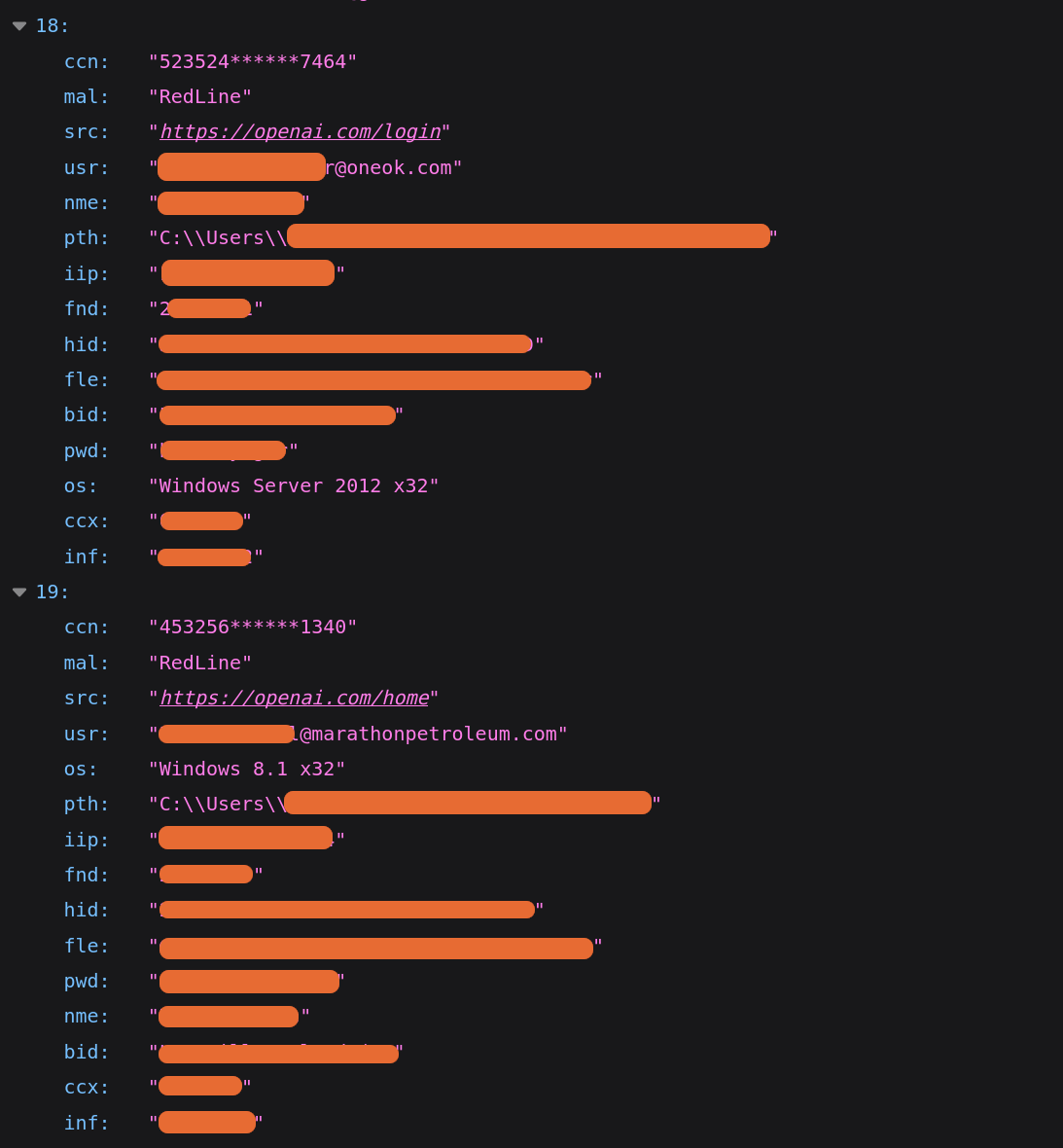 Dark web monitoring API showing detected RedLine stealer credentials